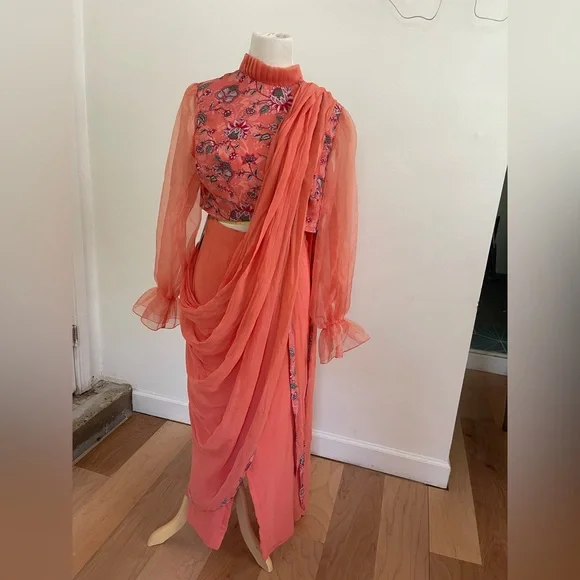 Floral Coral Dress with Sheer Sleeves - Picture 3 of 4